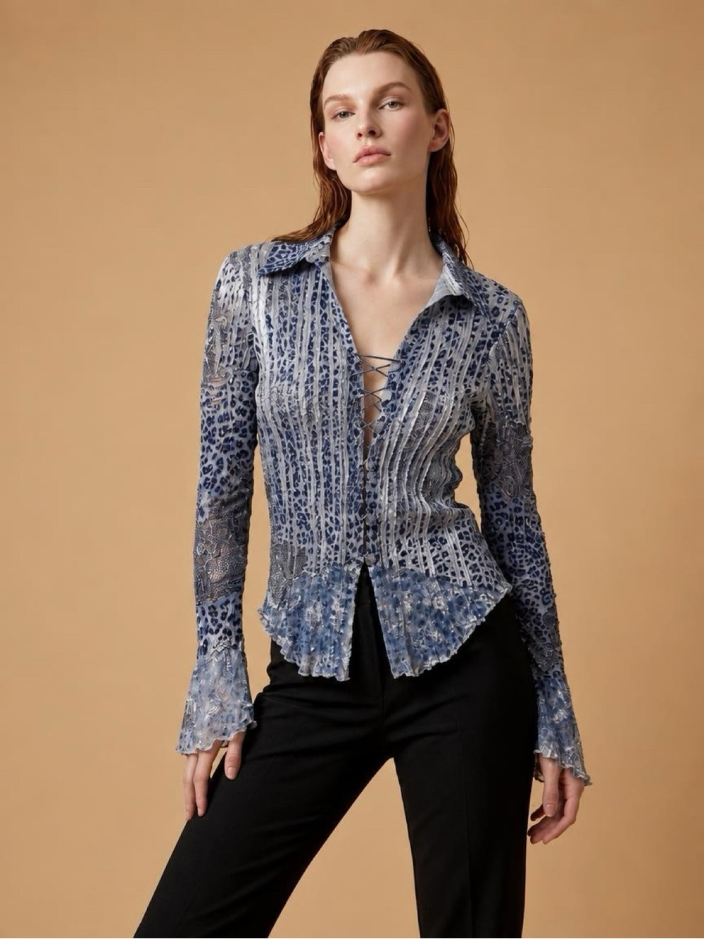 Cache Snake Print Long Sleeve Lace Up Lace Trim Bell Sleeve Top XS